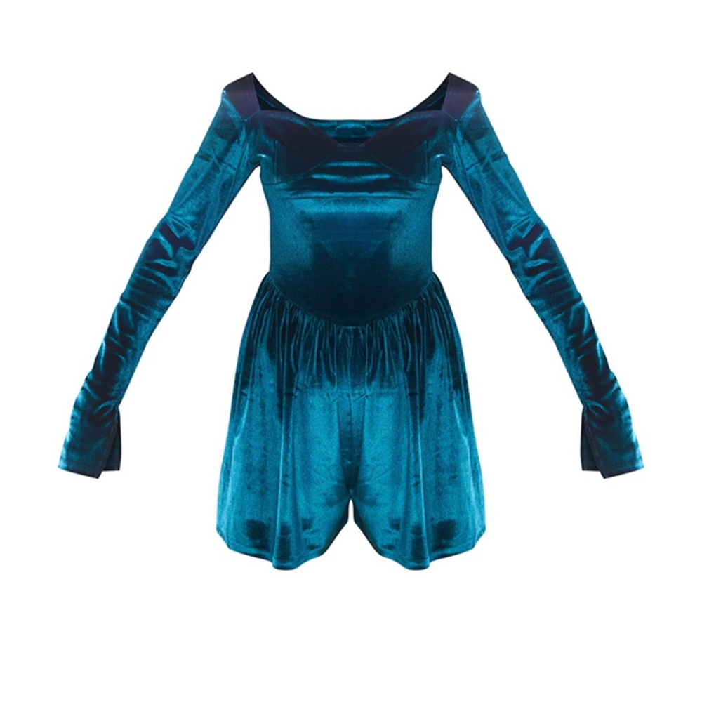 Emerald Green Velvet Cup Detail Long Sleeve Skater Romper